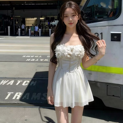 法式立體花朵抹胸小短裙
