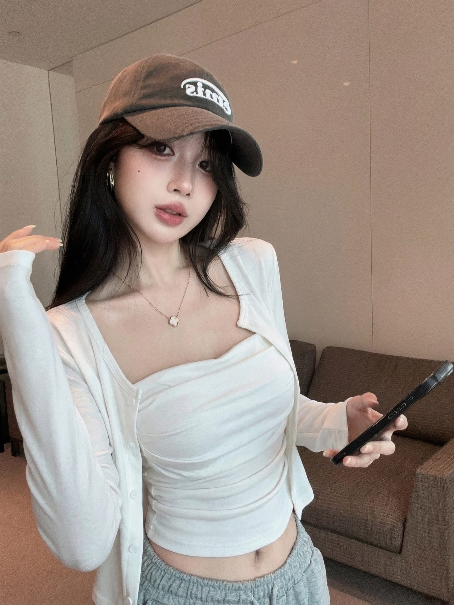 春夏褶皺吊帶背心+薄外套兩件組