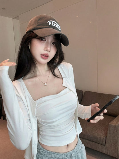 春夏褶皺吊帶背心+薄外套兩件組