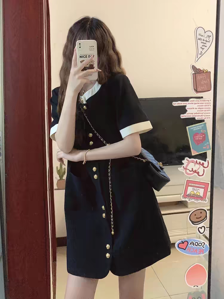 法式氣質正肩小香風短袖連衣短裙