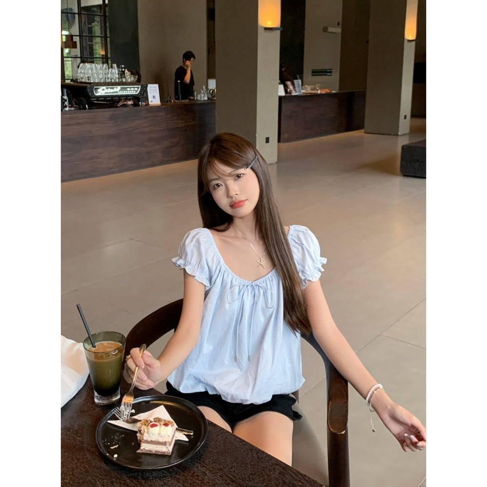 白月光泡泡袖甜美小個子短上衣