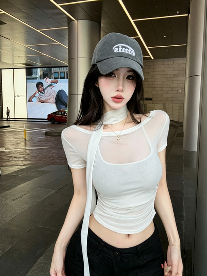 氣質斜肩微透感收腰短袖上衣
