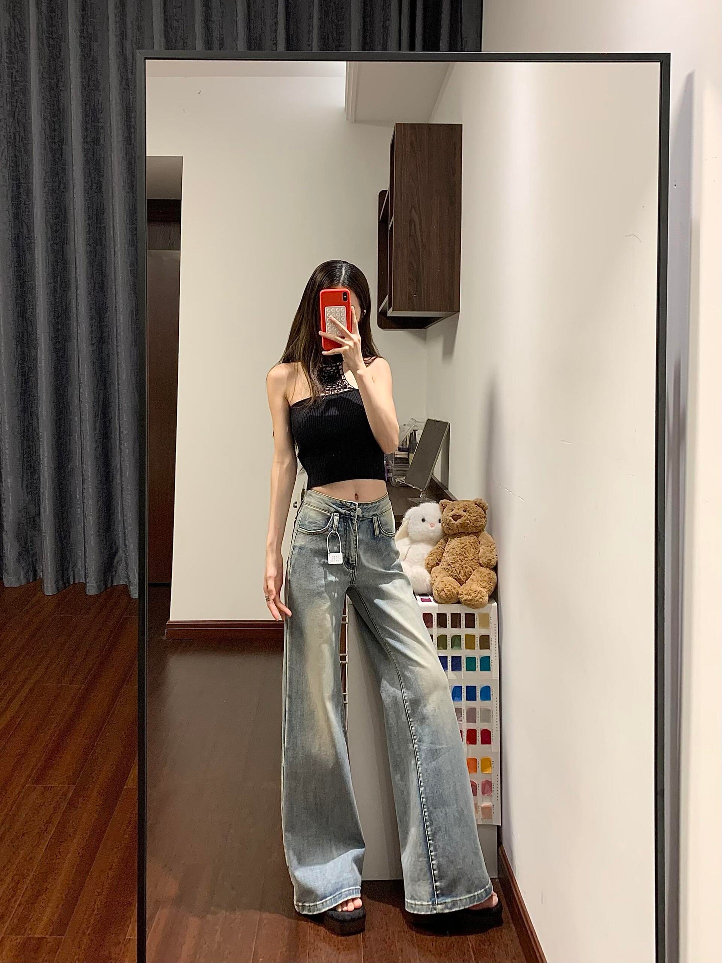 辣妹小個子水洗彈力微喇叭牛仔長褲