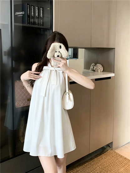 💕現貨秒出🍓法式掛脖蝴蝶結高級無袖連身短裙