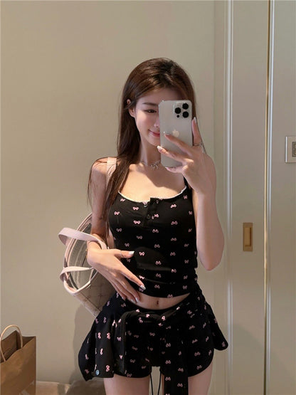 甜美蝴蝶結吊帶修身三件套