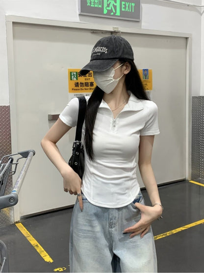 通勤百搭polo領拉鍊修身短袖上衣
