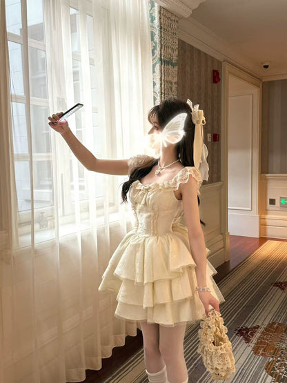 💕現貨秒出🍓溫柔蝴蝶結小飛袖公主澎澎裙