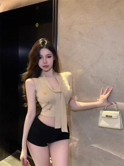 法式小香風V領針織短款背心