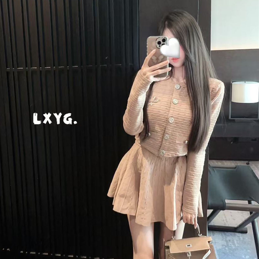 輕奢高級提花針織開衫&收腰顯瘦澎澎裙兩件套