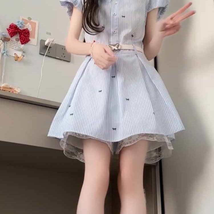 韓系小個子藍色條紋襯衫連衣裙