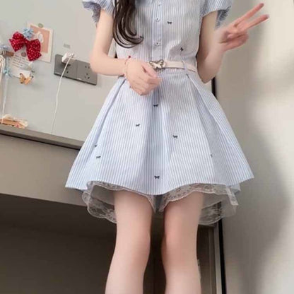 韓系小個子藍色條紋襯衫連衣裙