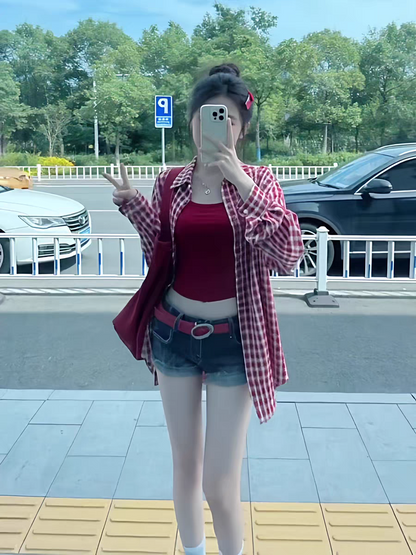 慵懶百搭紅色格子襯衫防曬外搭