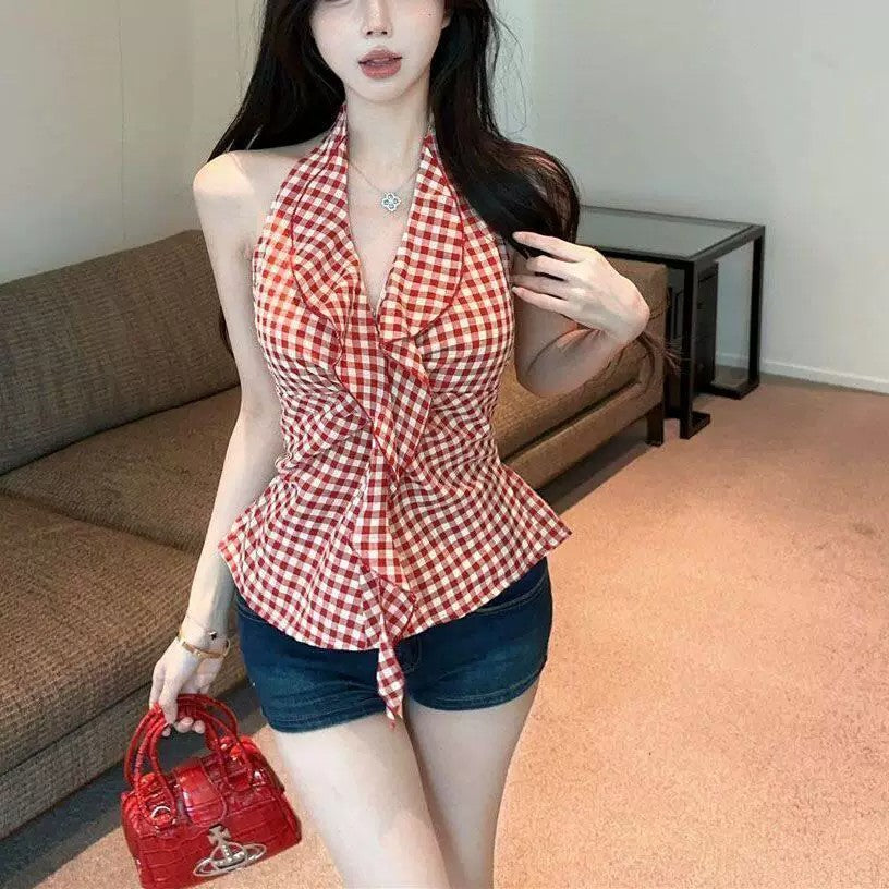 🕶️夏日紅色格子無袖掛脖背心❤️