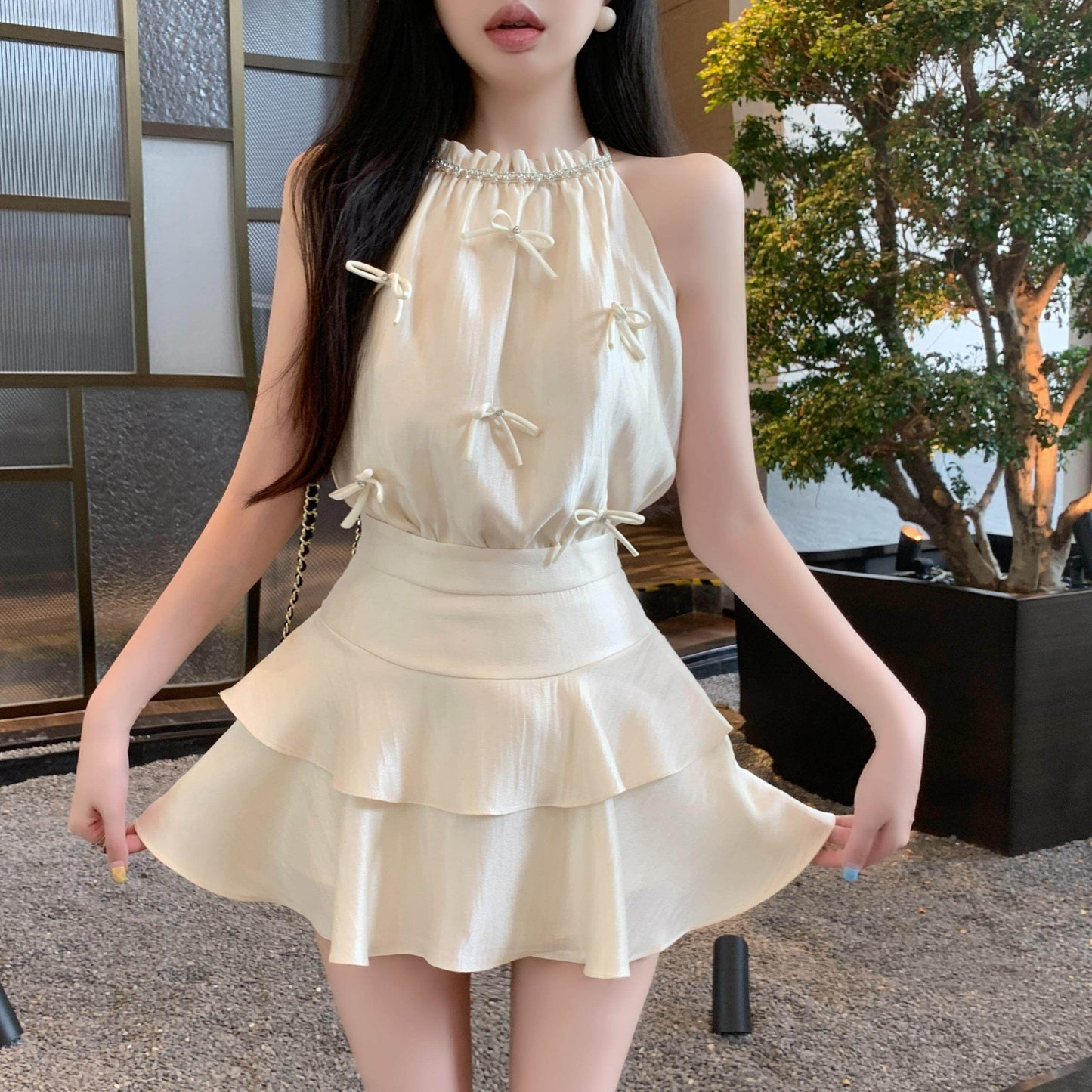 蝴蝶結掛脖背心蛋糕裙兩件套