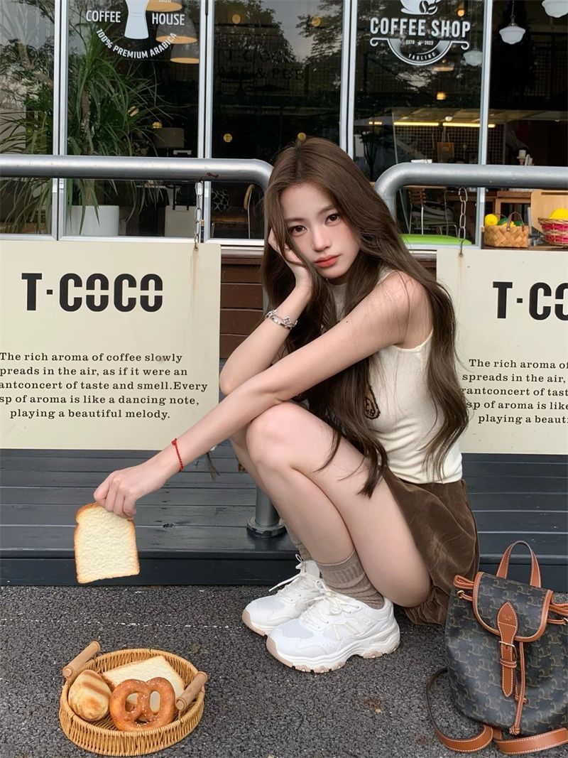 🧸美式復古圓領小熊印花背無袖上衣