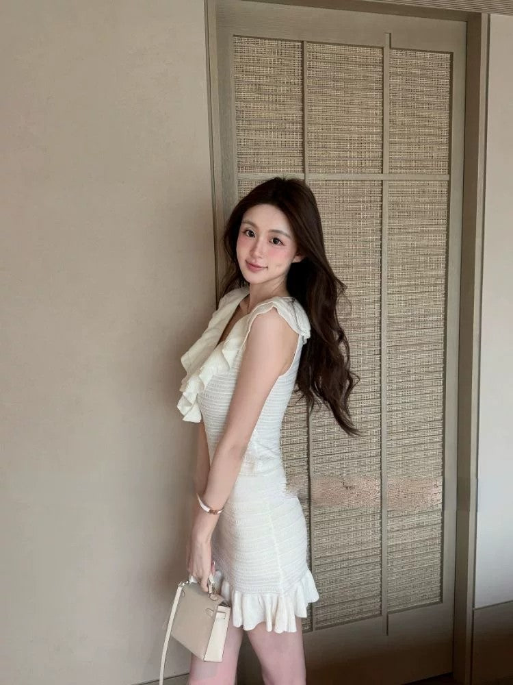 💕現貨秒出🍓法式名媛V領荷葉邊針織背心連衣裙