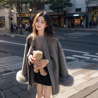 赫本風秋冬灰色毛呢中長款蝴蝶結外套