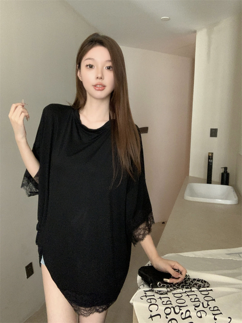 休閒百搭寬鬆下擺開衩蕾絲上衣