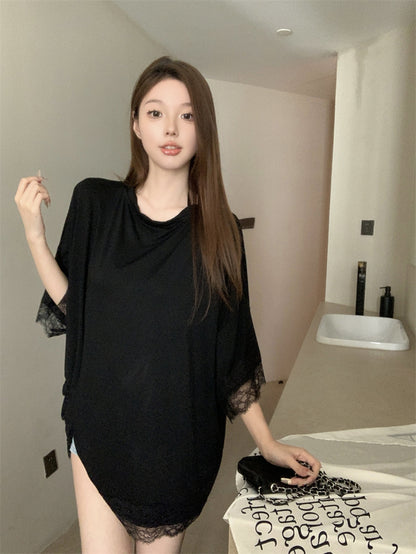 休閒百搭寬鬆下擺開衩蕾絲上衣