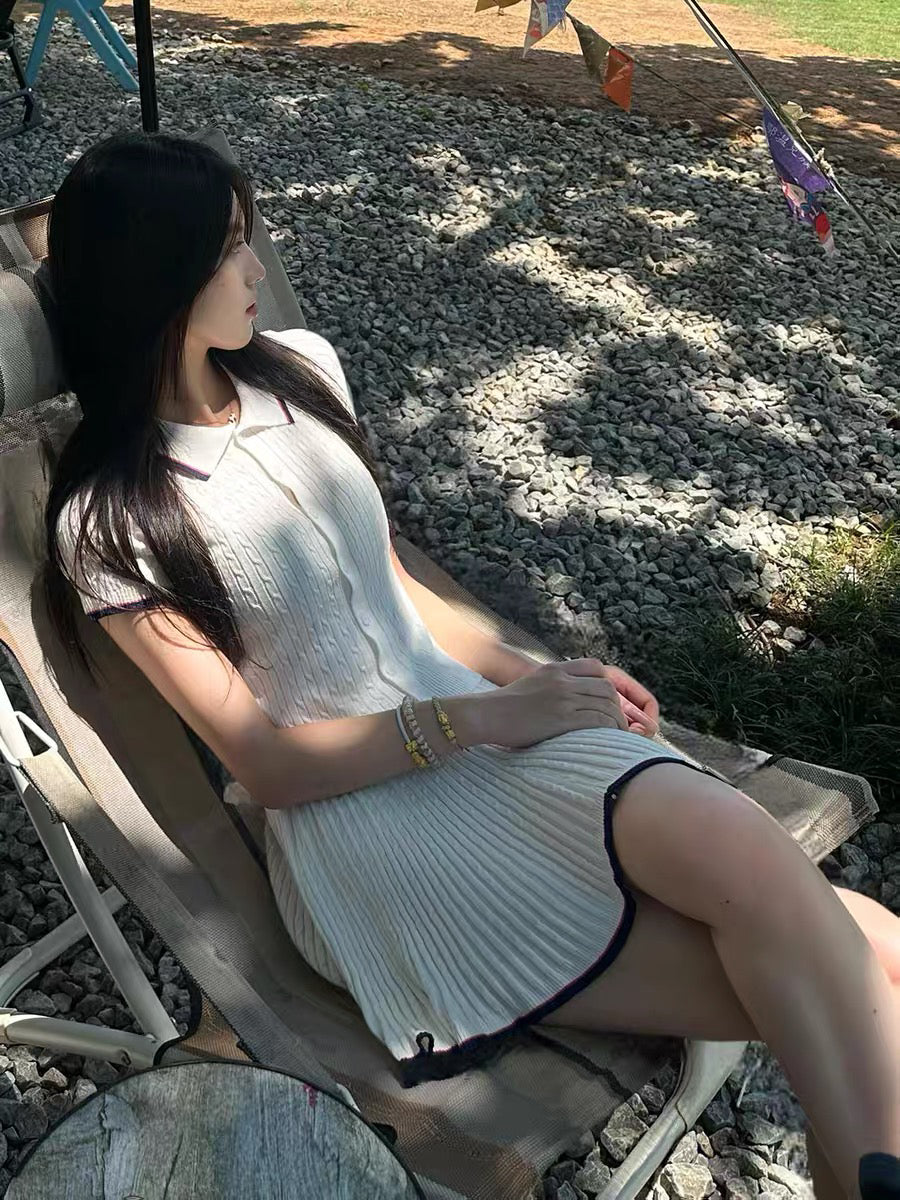 💕現貨秒出🍓韓系白色學院風針織運動百褶裙套裝