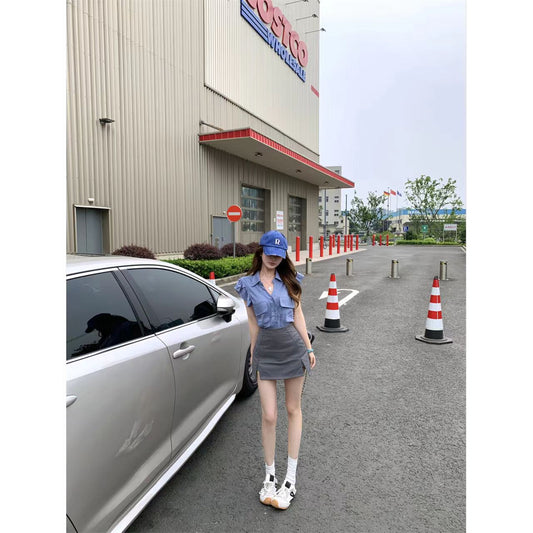 甜辣風藍色V領襯衫上衣&高腰包臀短裙兩件套