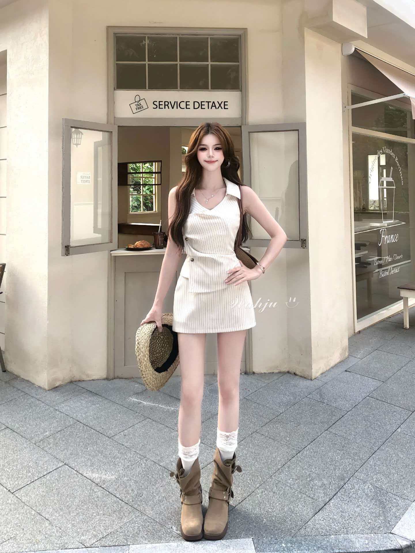 氛圍感條紋掛脖上衣套裝