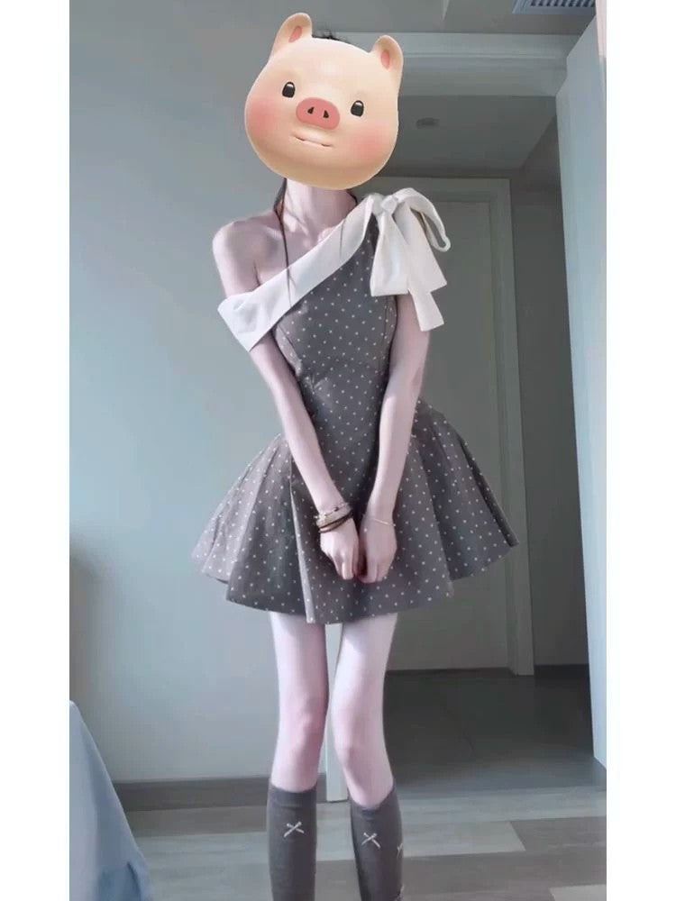 優雅一字肩蝴蝶結點點收腰澎澎裙