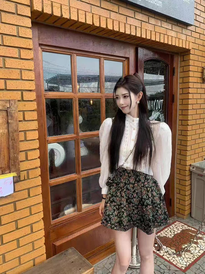 溫柔貴氣泡泡袖長袖碎花短裙套裝