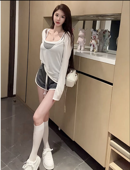 休閒假兩件帶胸墊背心&短褲+罩衫三件套