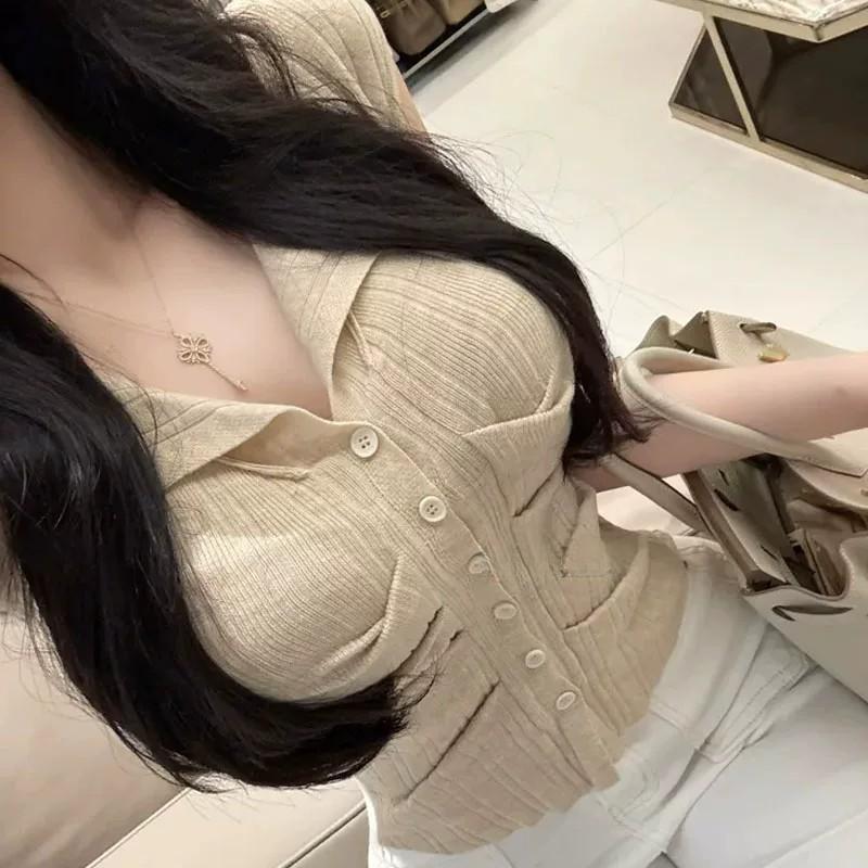 春夏修身翻領摺皺無袖針織衫