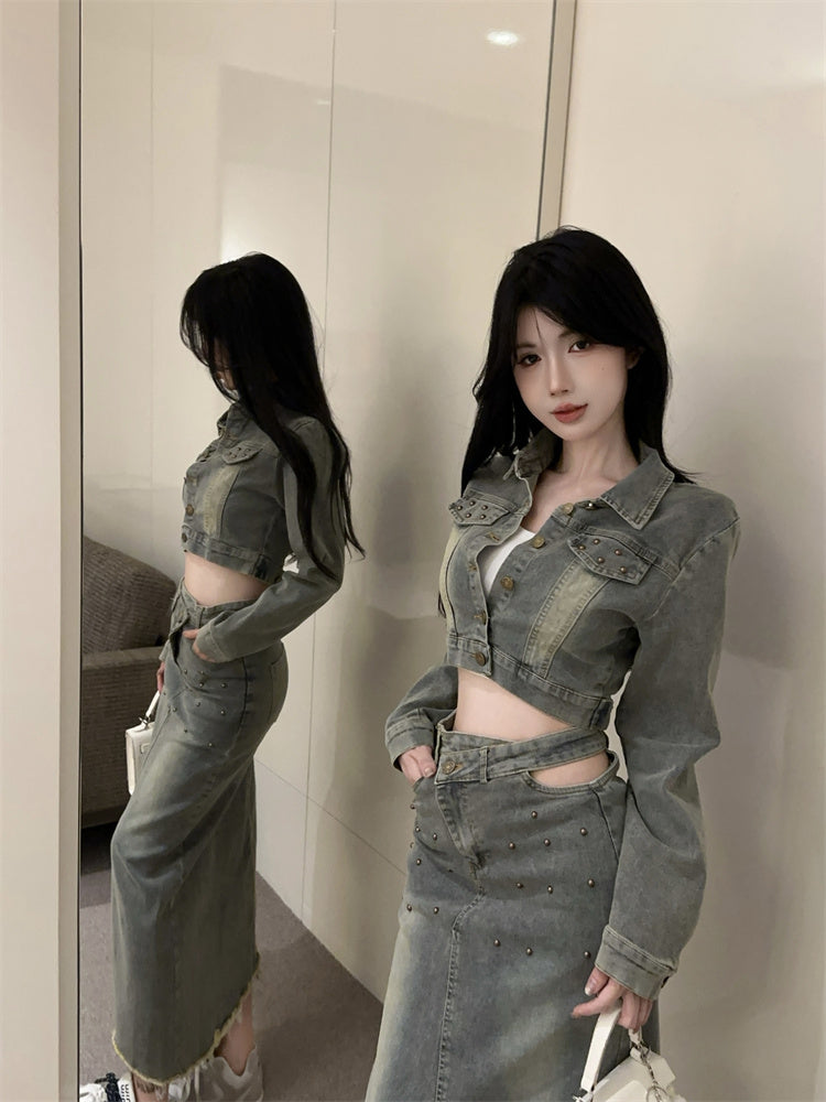 美式復古辣妹高腰開衩牛仔裙套裝