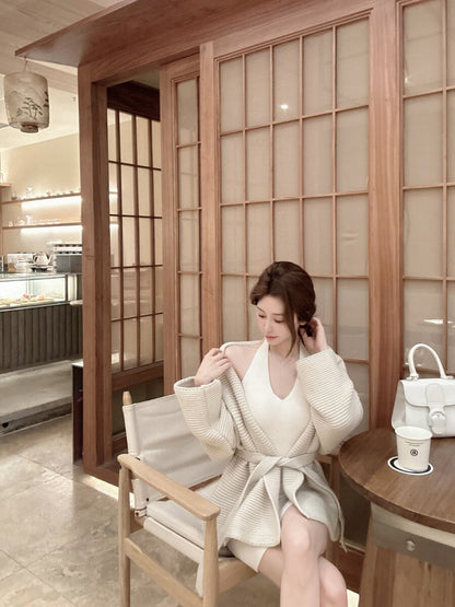 💕現貨秒出🍓韓系掛脖吊帶羊毛粗針針織開衫外套套裝