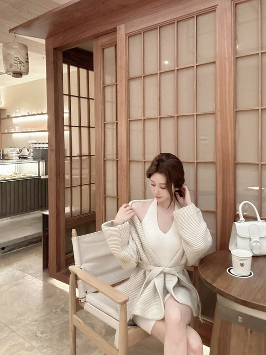 💕現貨秒出🍓韓系掛脖吊帶羊毛粗針針織開衫外套套裝