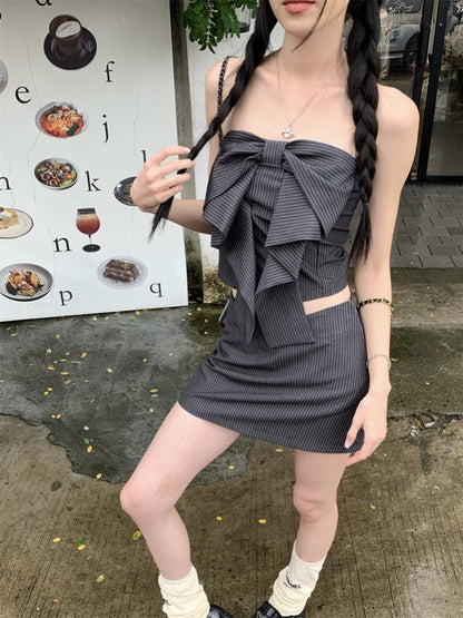 條紋抹胸氣質短裙兩件套