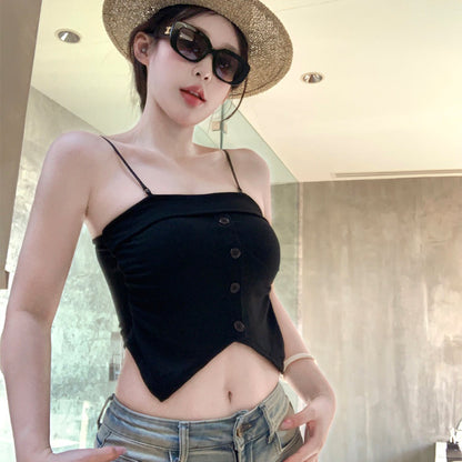 洋氣吊帶個性不規則鈕扣上衣