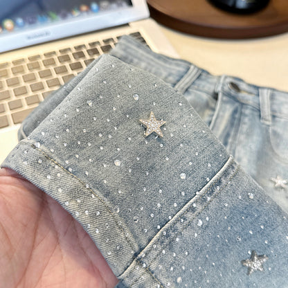 💕現貨秒出🍓閃鑽手縫星星牛仔高腰半身裙