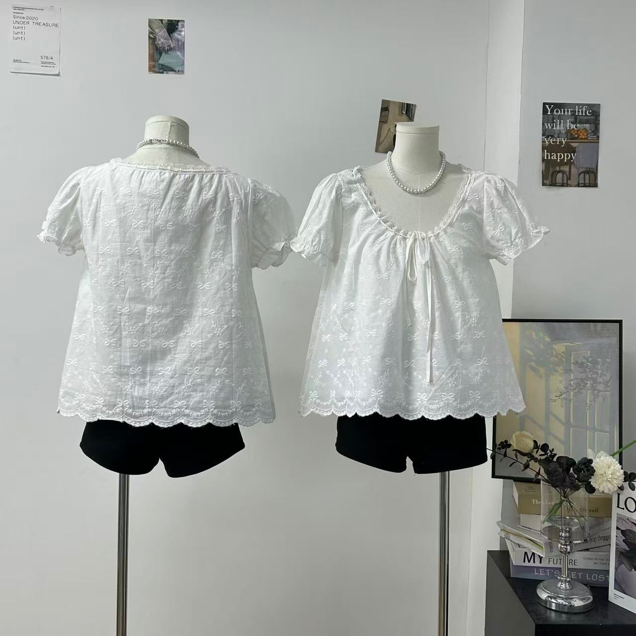 溫柔風白色純淨刺繡泡泡袖襯衫