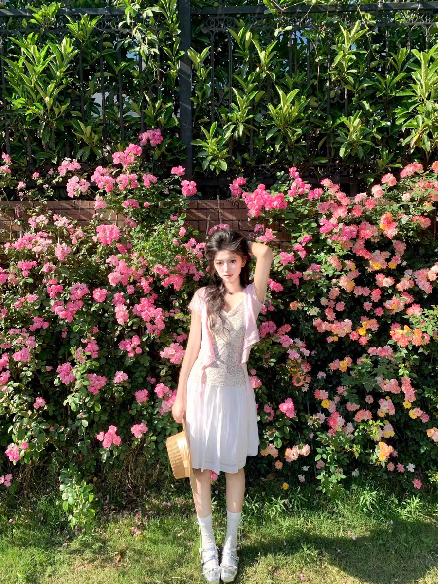 韓系疊穿短袖碎花針織開衫兩件套