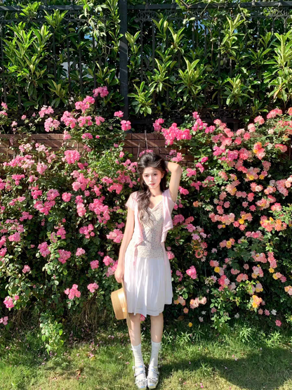 韓系疊穿短袖碎花針織開衫兩件套