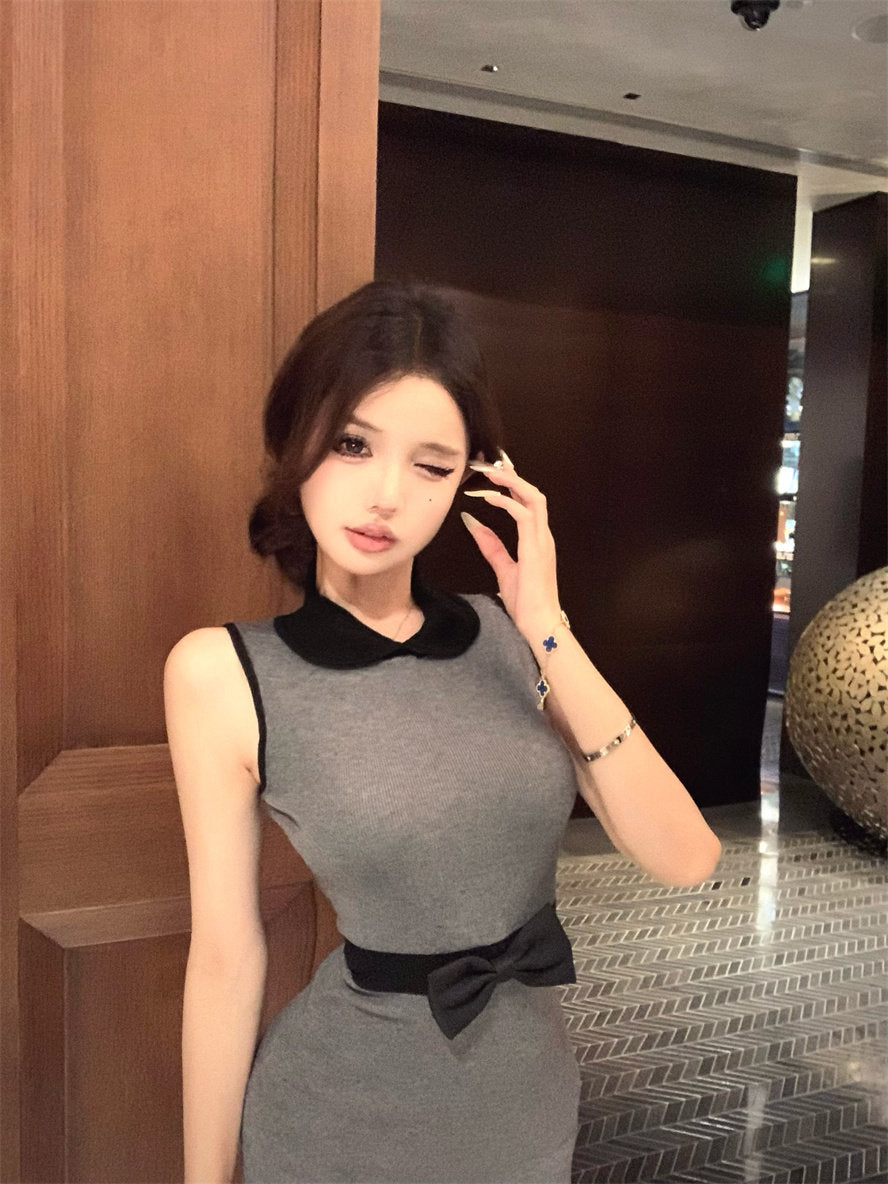 韓系POLO蝴蝶結小香風娃娃領連身裙