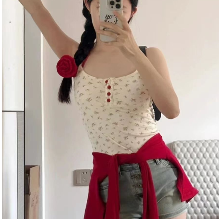 韓系甜美碎花吊帶修身顯瘦短袖上衣