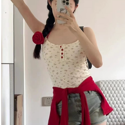 韓系甜美碎花吊帶修身顯瘦短袖上衣