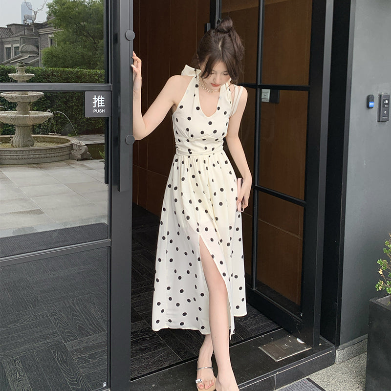 春夏法式可愛點點掛脖開衩中長裙