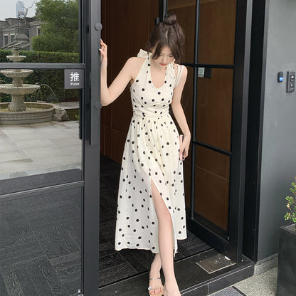 春夏法式可愛點點掛脖開衩中長裙