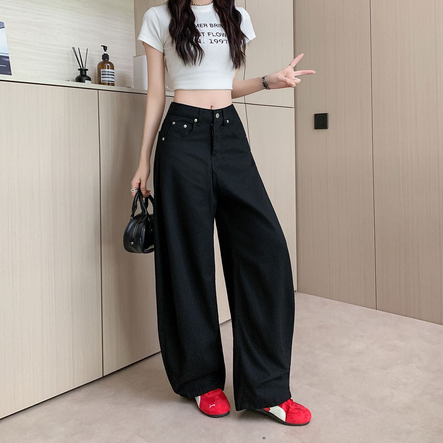 美式辣妹黑色垂感牛仔寬鬆長褲