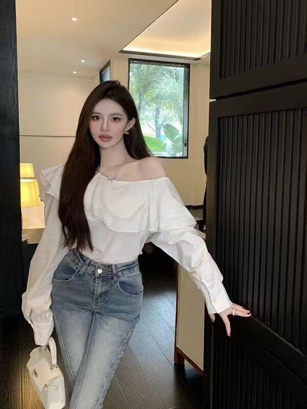 💕現貨秒出🍓法式優雅荷葉邊露肩襯衫單品