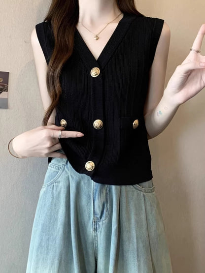 奢香名媛V領針織馬甲上衣