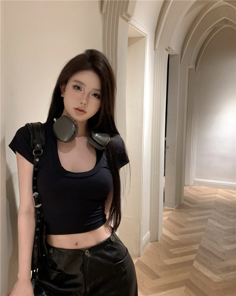 U領低胸短款露臍短T