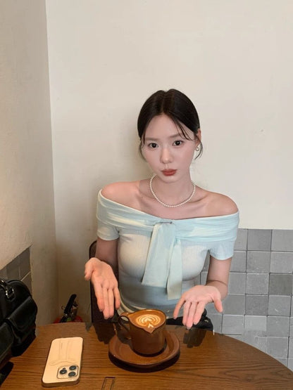 韓系蝴蝶結綁帶平口上衣
