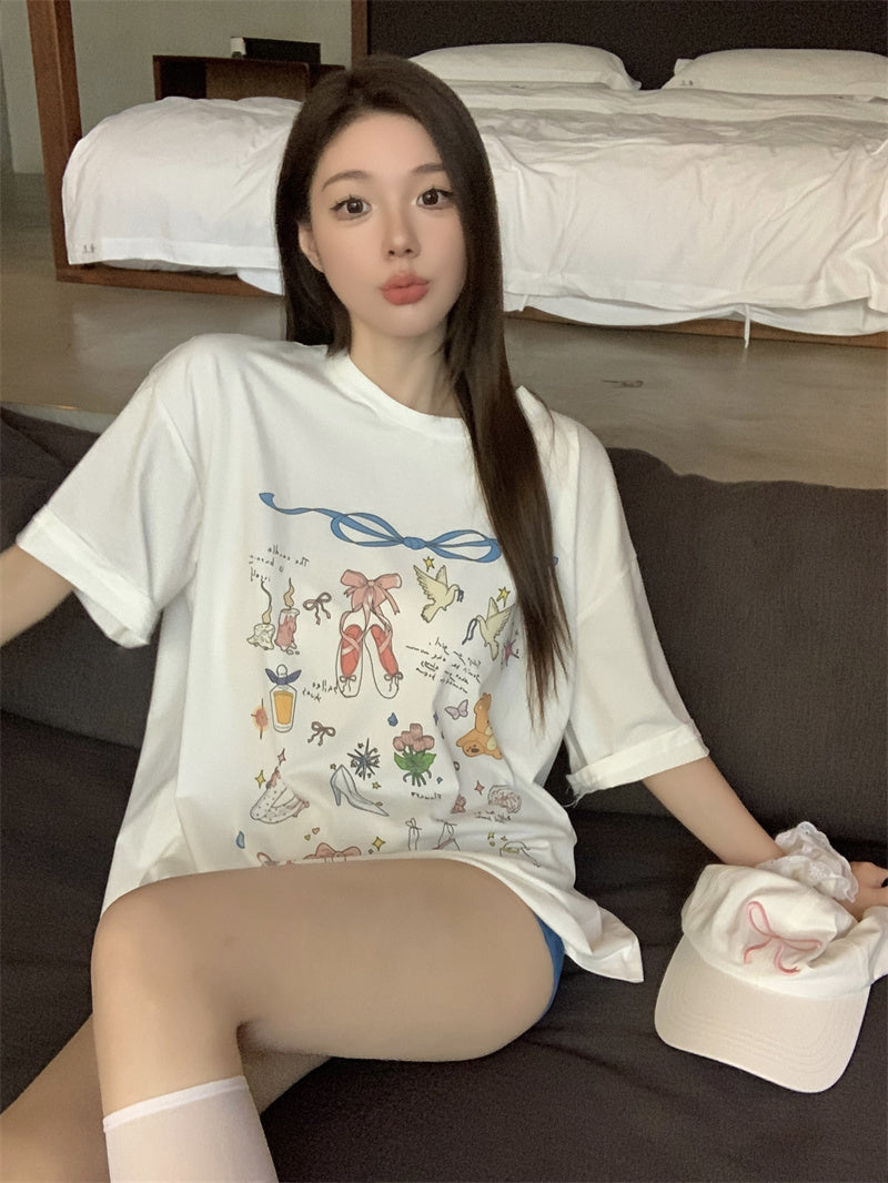 可愛休閒百搭印花寬鬆上衣